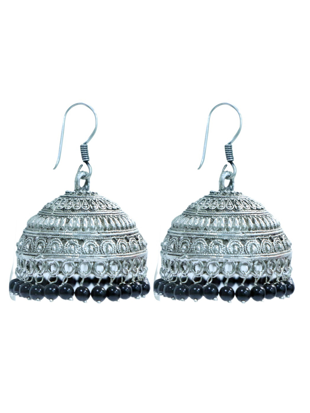 

Abhooshan Silver-Plated Artificial Beaded Oxidised Dome Shaped Jhumkas, Black