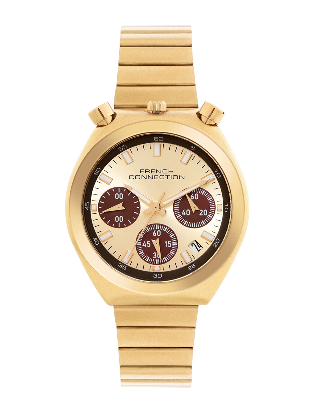 

French Connection Women Dial & Stainless Steel Bracelet Style Straps Analogue Chronograph Watch FCM03GM, Gold