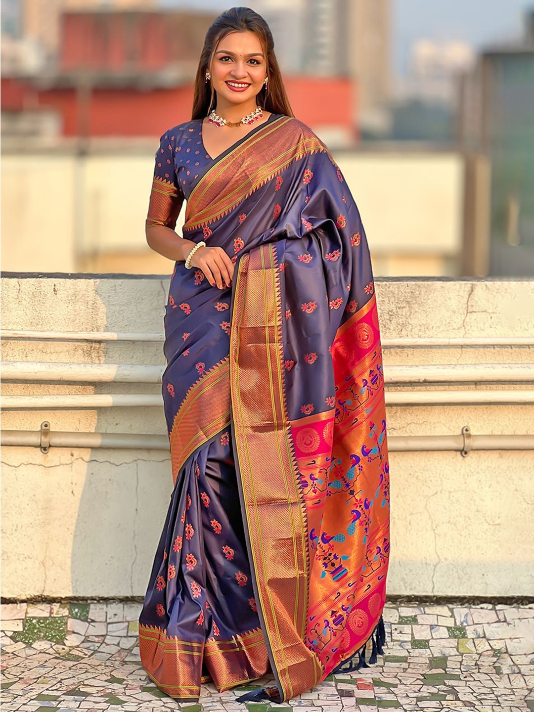 

all about you Woven Design Zari Silk Blend Paithani Saree, Navy blue
