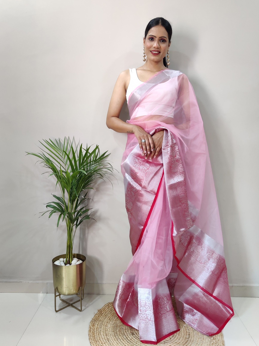 

Rangtulika Ethnics Woven Design Zari Organza Saree, Pink