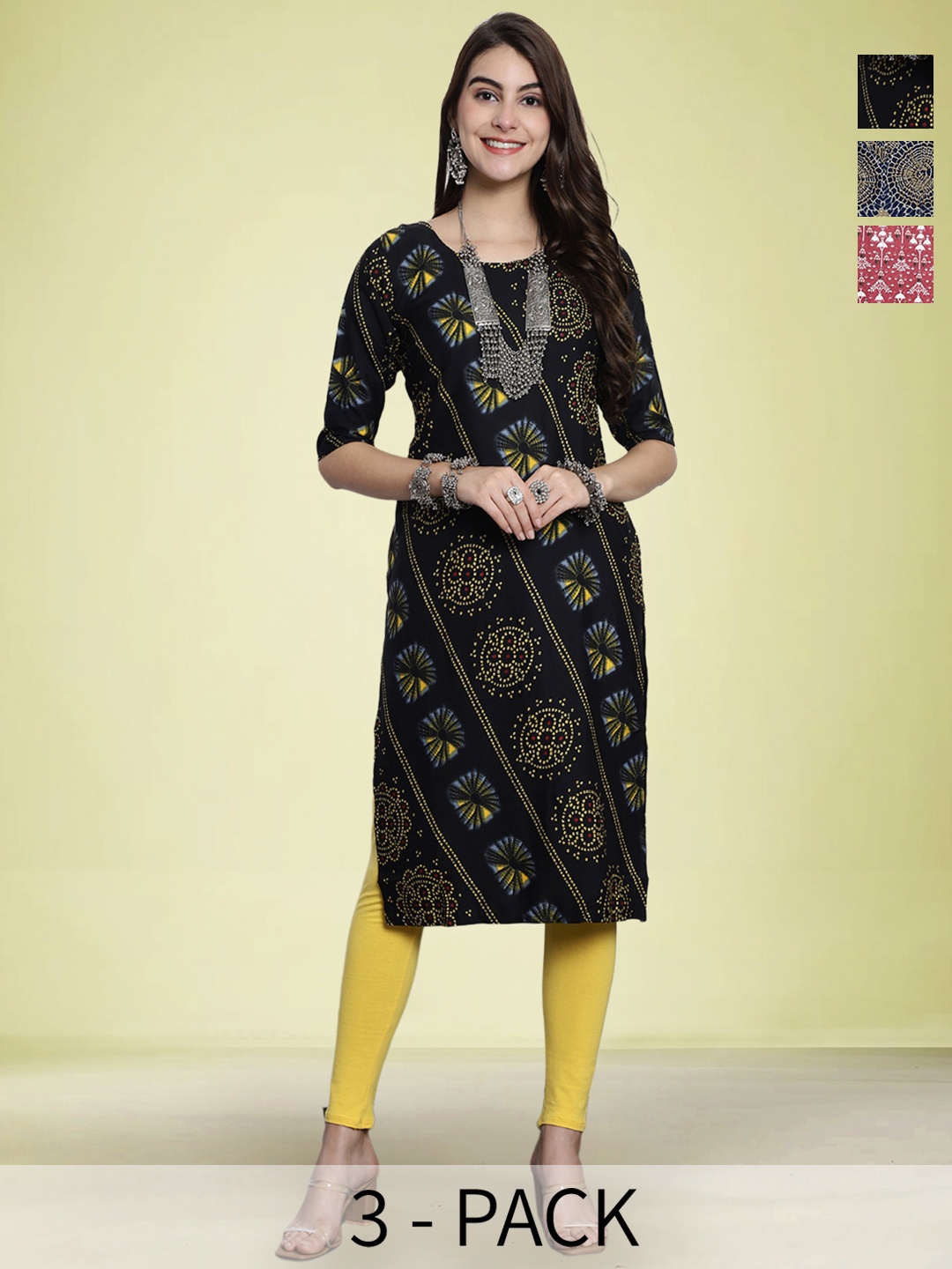 

Moda Rapido Selection Of 3 Bandhani Printed Round Neck Straight Kurtas, Black