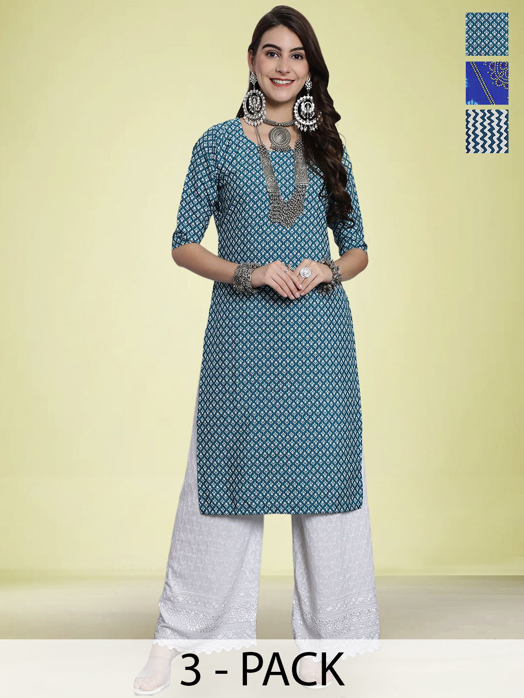 

Moda Rapido Selection Of 3 Floral Printed Round Neck Straight Kurtas, Blue