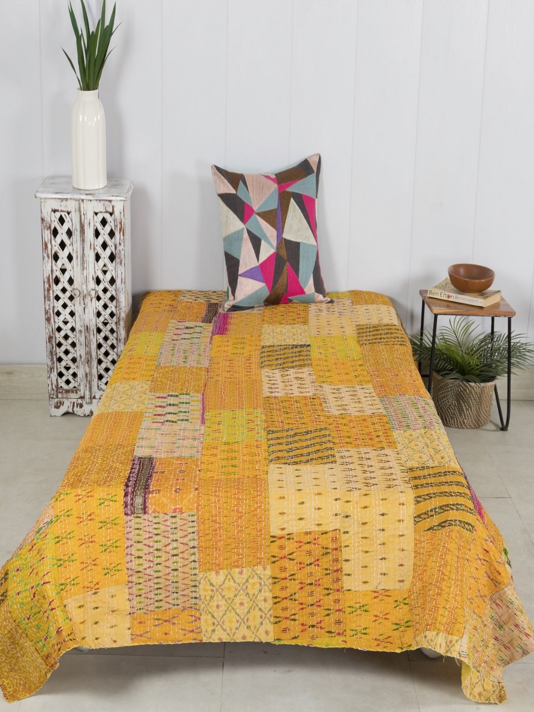 

HANDICRAFT PALACE Yellow Printed Kantha Patchwork Bed Cover