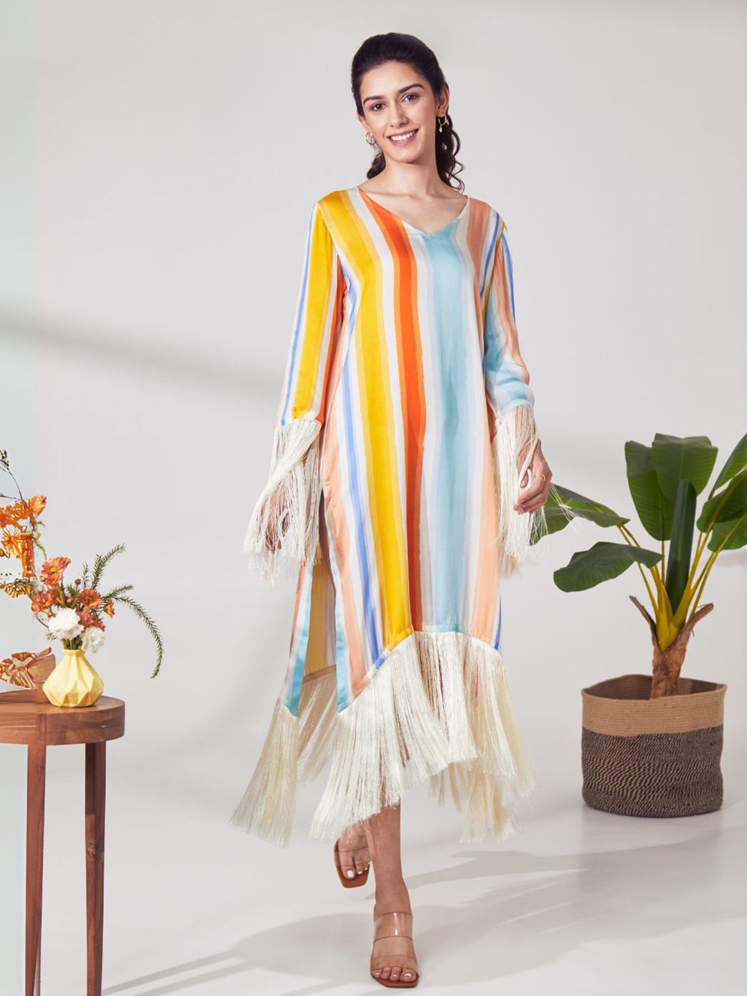 

Prose Stories Bohemian Print Fringed Satin Kaftan Midi Dress, Multi