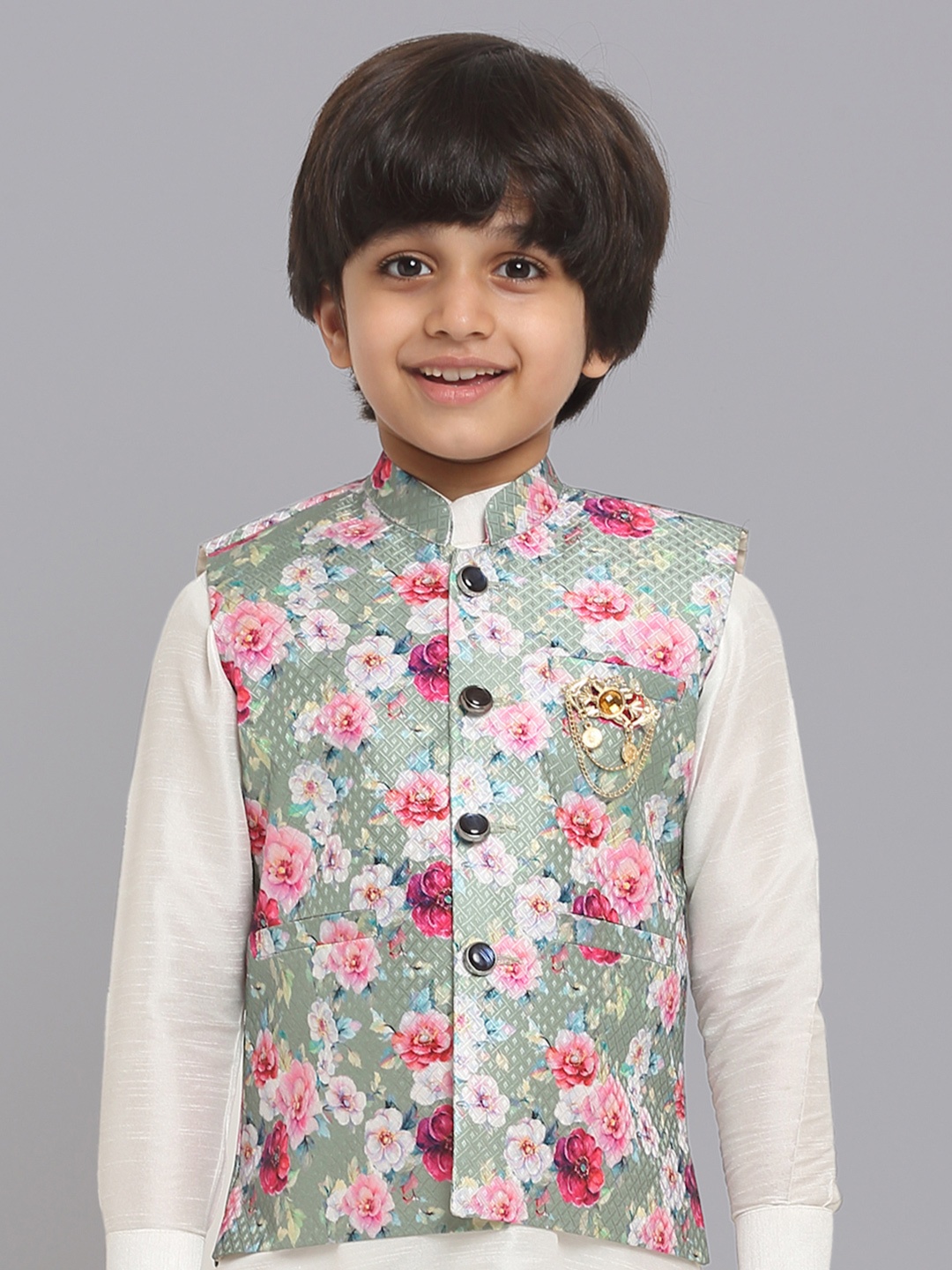 

CENSAL Floral Printed Mandarin Collar Slim-Fit Waistcoat With Brooch, Green