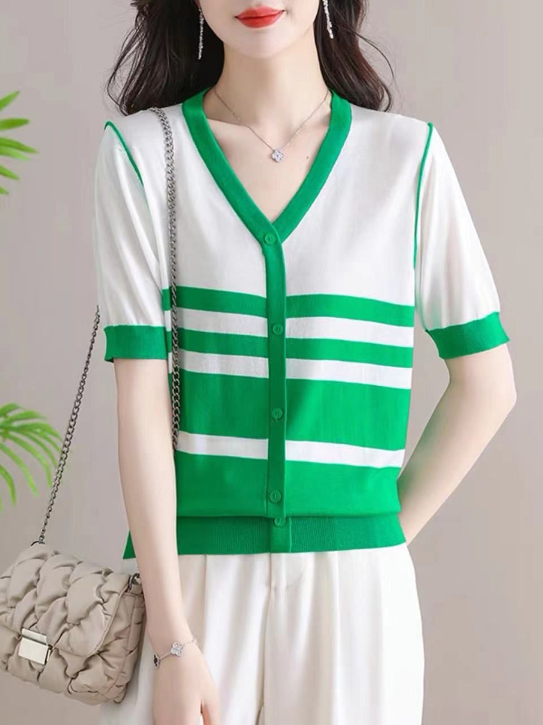 

StyleCast Women Striped V-Neck T-shirt, Green