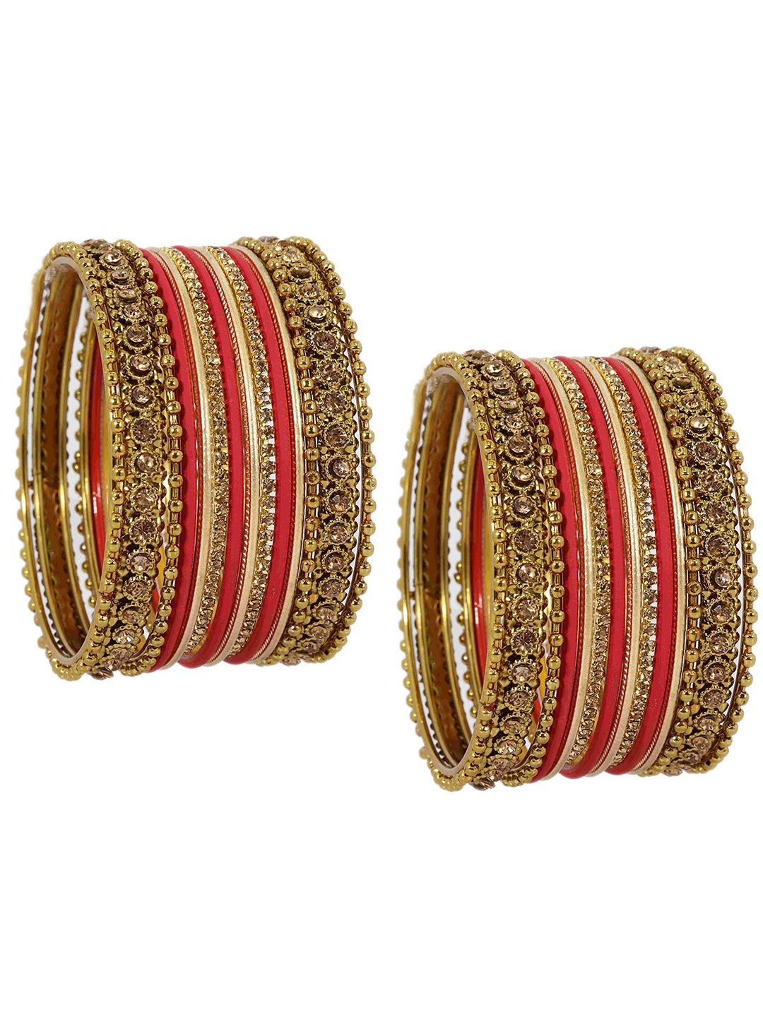 

ZULKA Set Of 28 Metal With Zircon Gemstone Studded Traditional Bangles, Gold