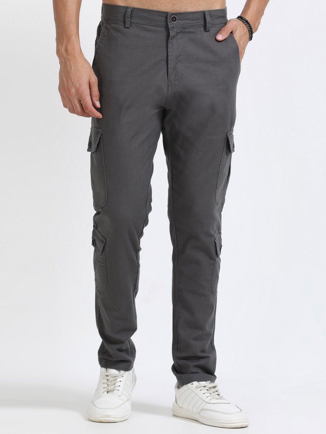 

THE BEETEL HOUSE Men Relaxed Lazy Linen Utility Cargo Trousers, Grey