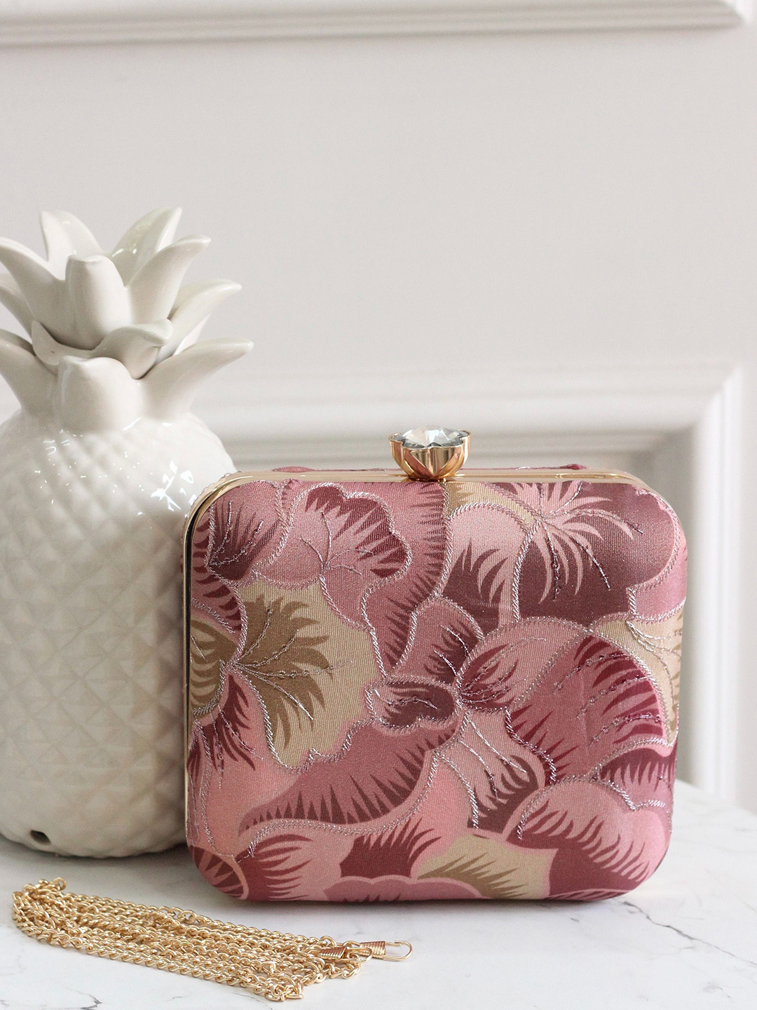 

BOXWISH BY BHUMIKA Ethnic Motifs Embellished Bucket Clutch with Cut Work, Pink