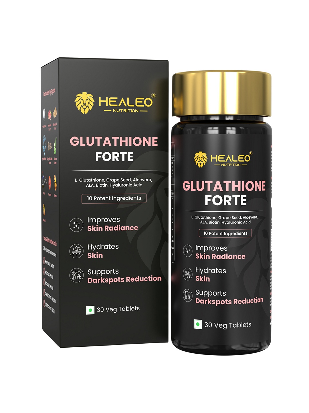 

Healeo Nutrition Glutathione Forte 1200mg Glutathione with Vitamin C - 30 Tablets, Black