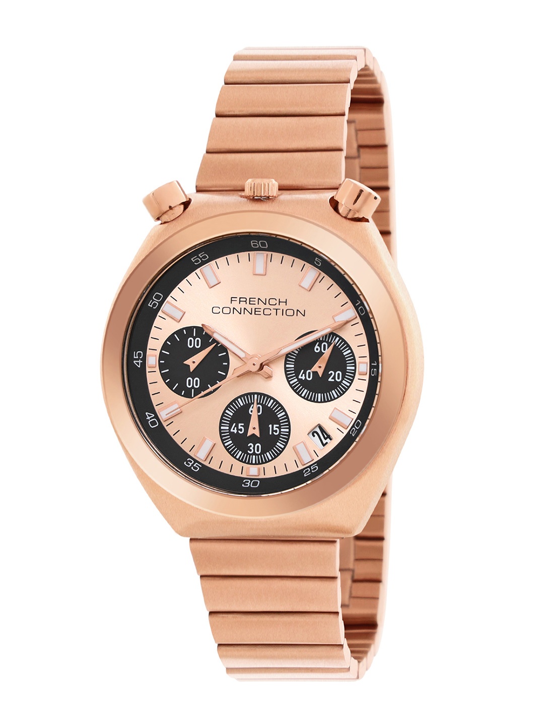 

French Connection Women Embellished Dial & Stainless Steel Bracelet Style Straps Analogue Chronograph Watch, Rose gold