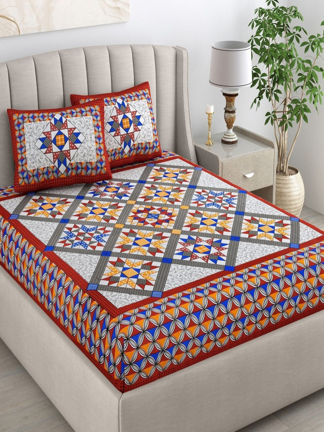

CHICERY Blue & Grey Ethnic Motifs 210 TC King Bedsheet with 2 Pillow Covers