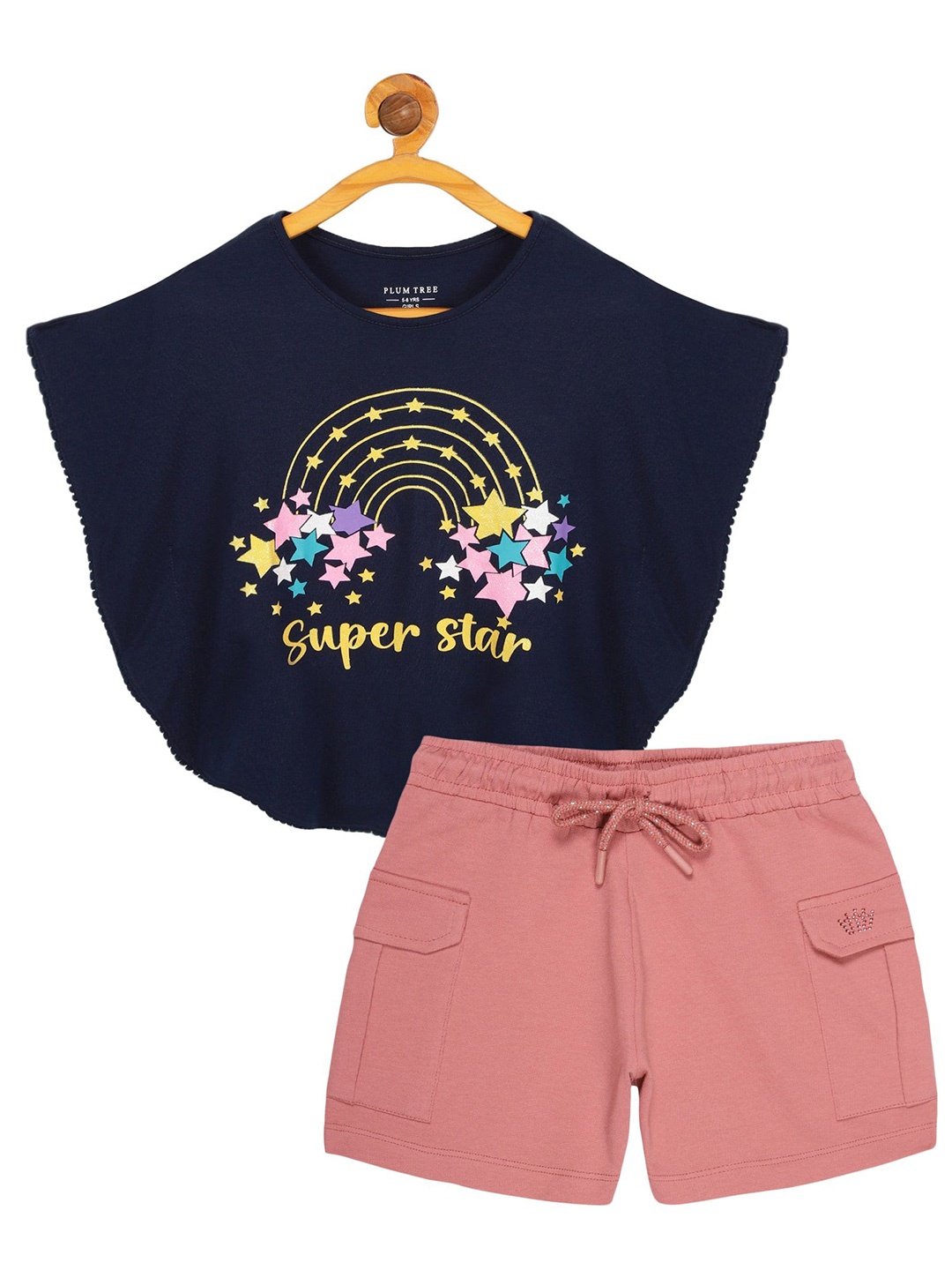 

PLUM TREE Girls Printed Round Neck T-shirt With Shorts, Navy blue