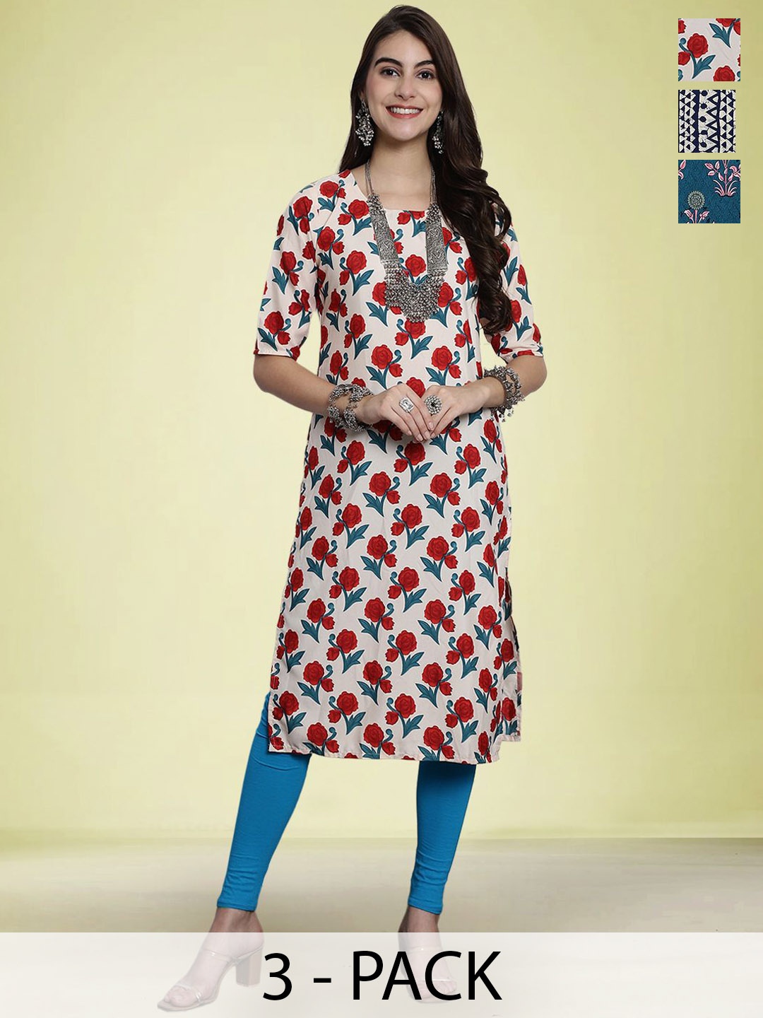 

Moda Rapido Selection Of 3 Floral Printed Round Neck Straight Kurtas, White