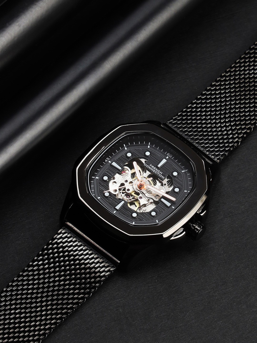 

French Connection Men Embellished Dial & Stainless Steel Bracelet Style Straps Analogue Automatic Watch, Black