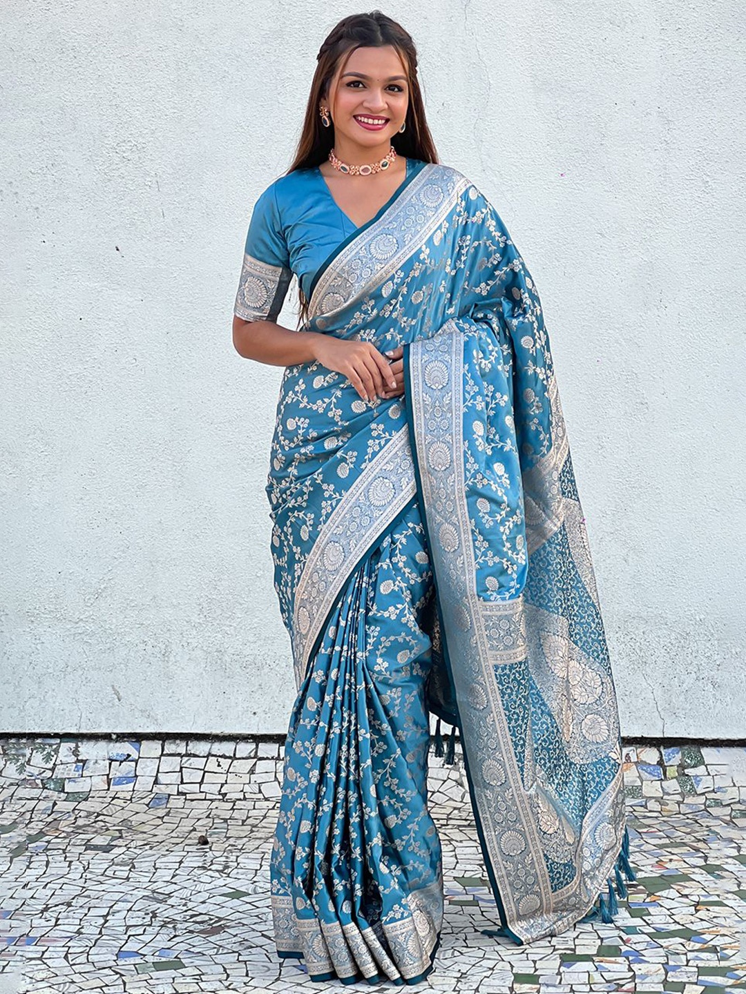 

all about you Woven Design Zari Satin Banarasi Saree, Blue