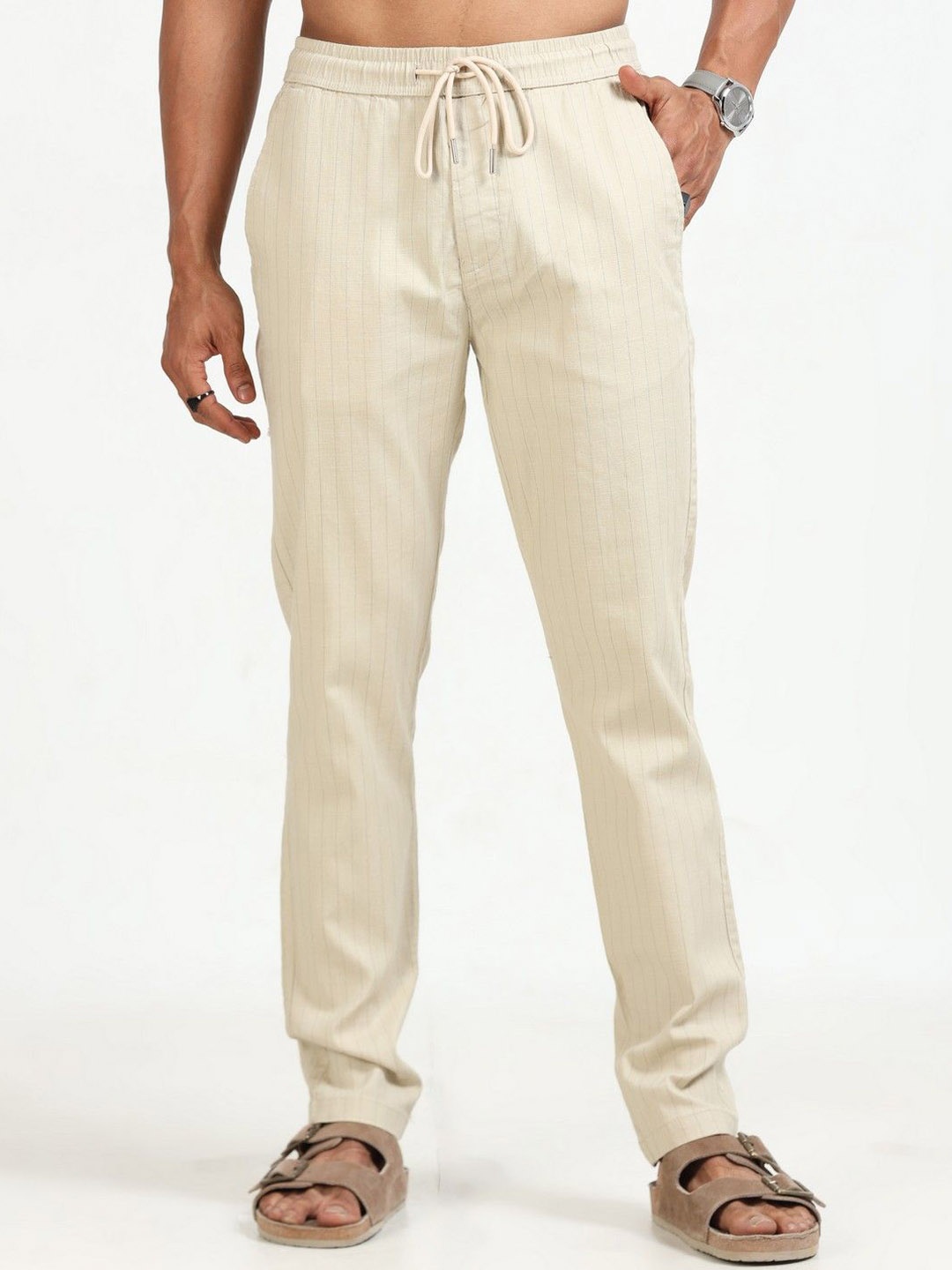 

THE BEETEL HOUSE Men Relaxed Air Linen Summer Stripes Trousers, Beige