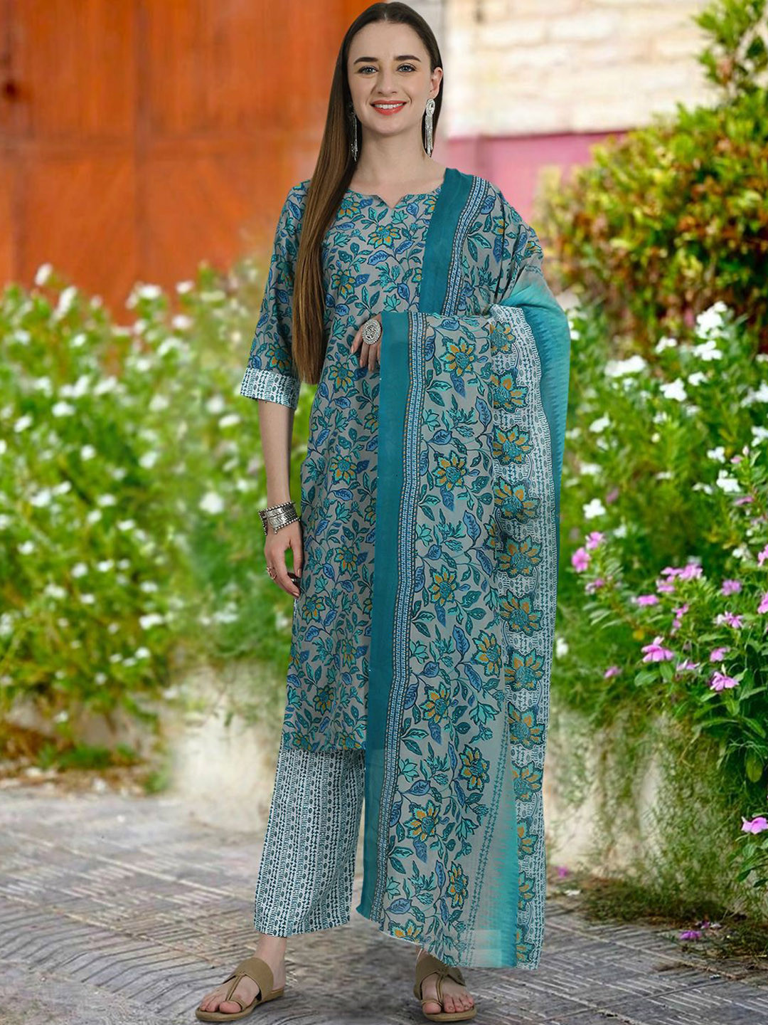 

Moda Rapido Women Ethnic Motifs Printed Regular Pure Cotton Kurta with Trousers & With Dupatta, Green