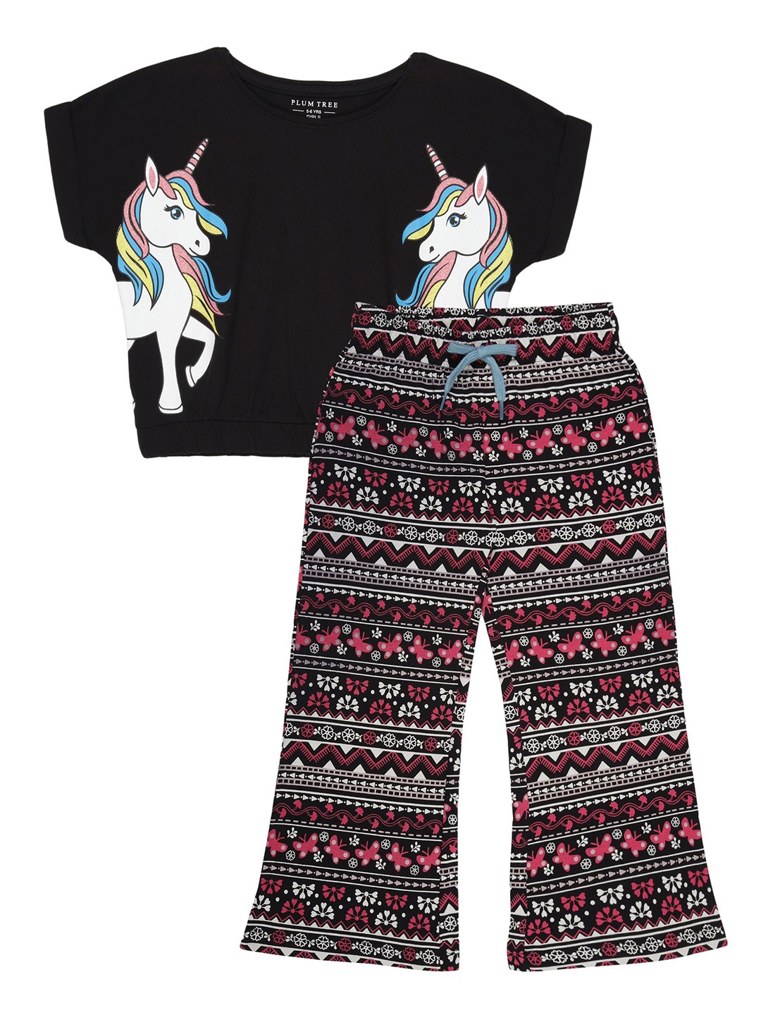 

PLUM TREE Girls Printed Pure Cotton T-shirt With Trouser, Black