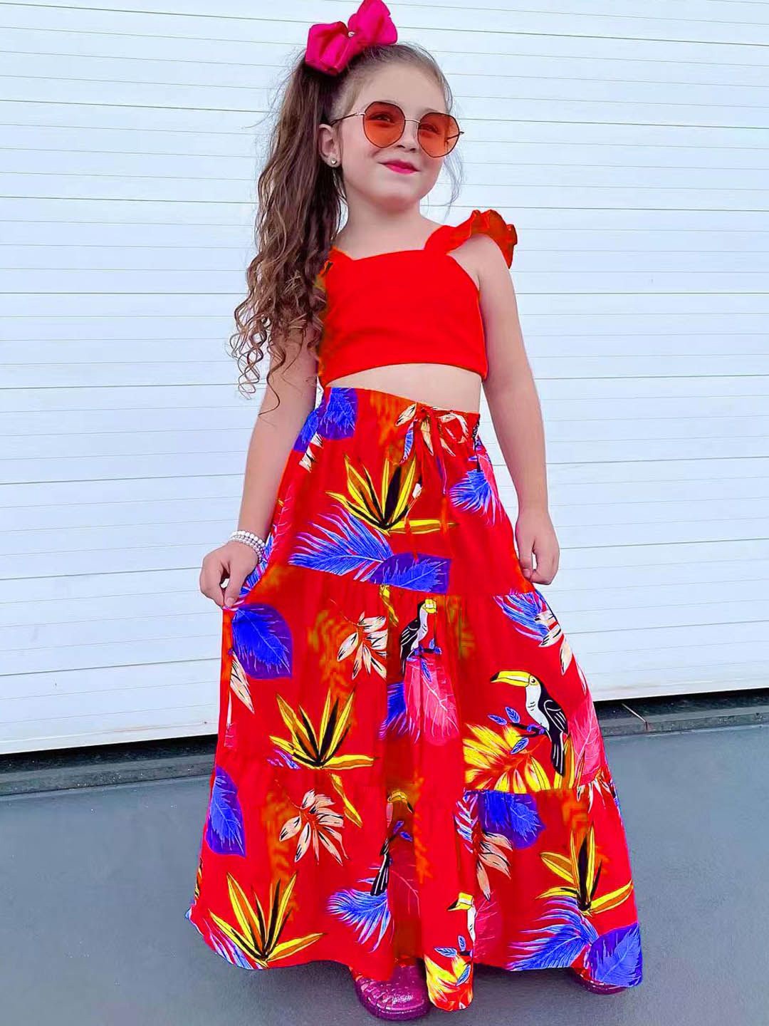 

Xsole Printed Square Neck Sleeveless Top With Skirt, Red