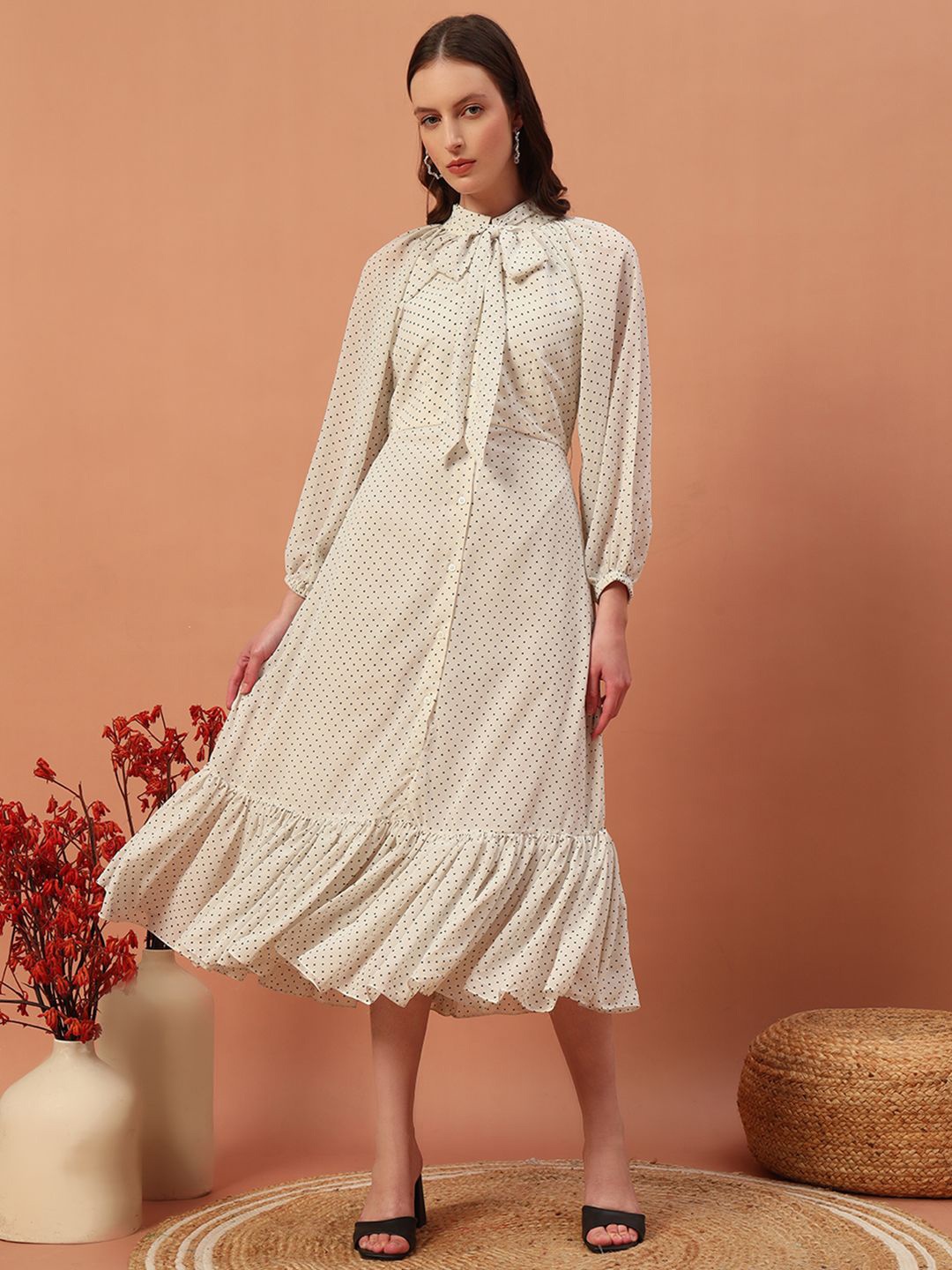 

BAESD Print Puff Sleeve Georgette A-Line Dress, Cream