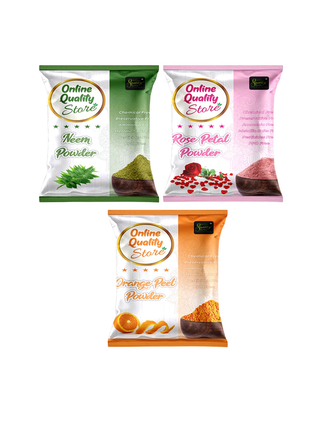 

Online Quality Store Set Of 3 Neem, Rose & Orange Peel Powder For Hair & Skin - 100 g Each, White