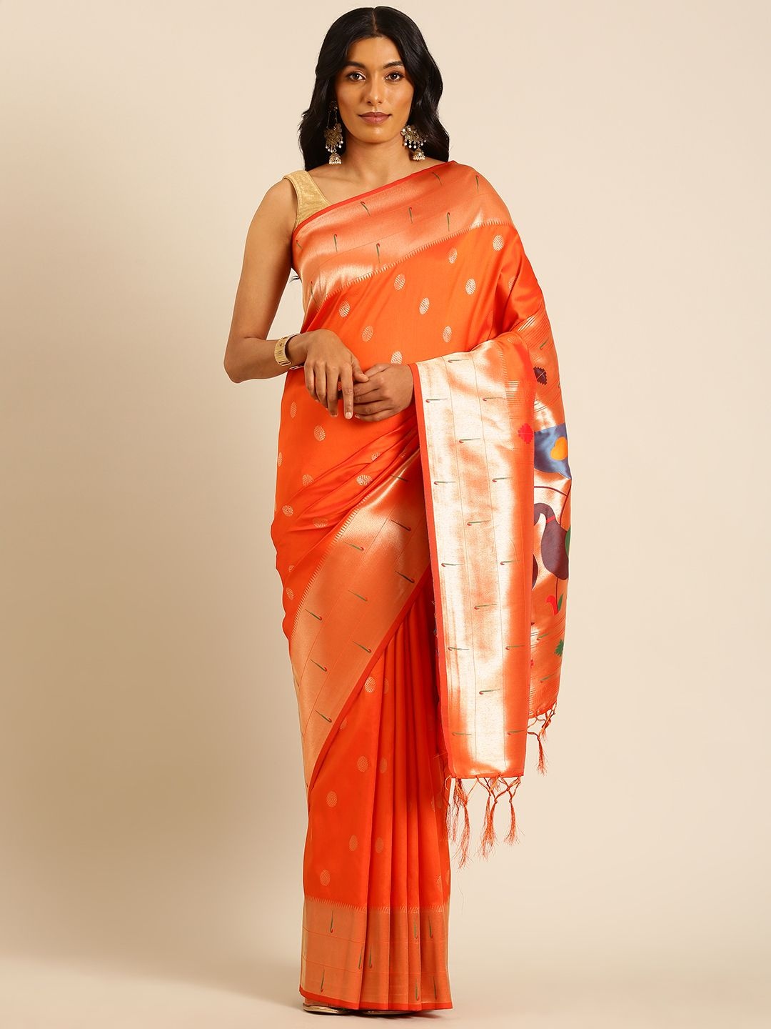 

DIVASTRI Ethnic Motifs Zari Silk Blend Paithani Saree, Orange