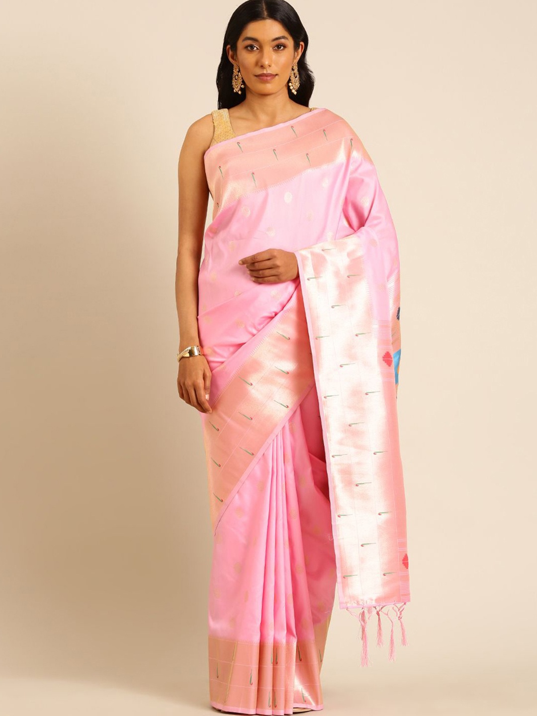 

Panzora Woven Design Zari Silk Blend Paithani Saree, Pink