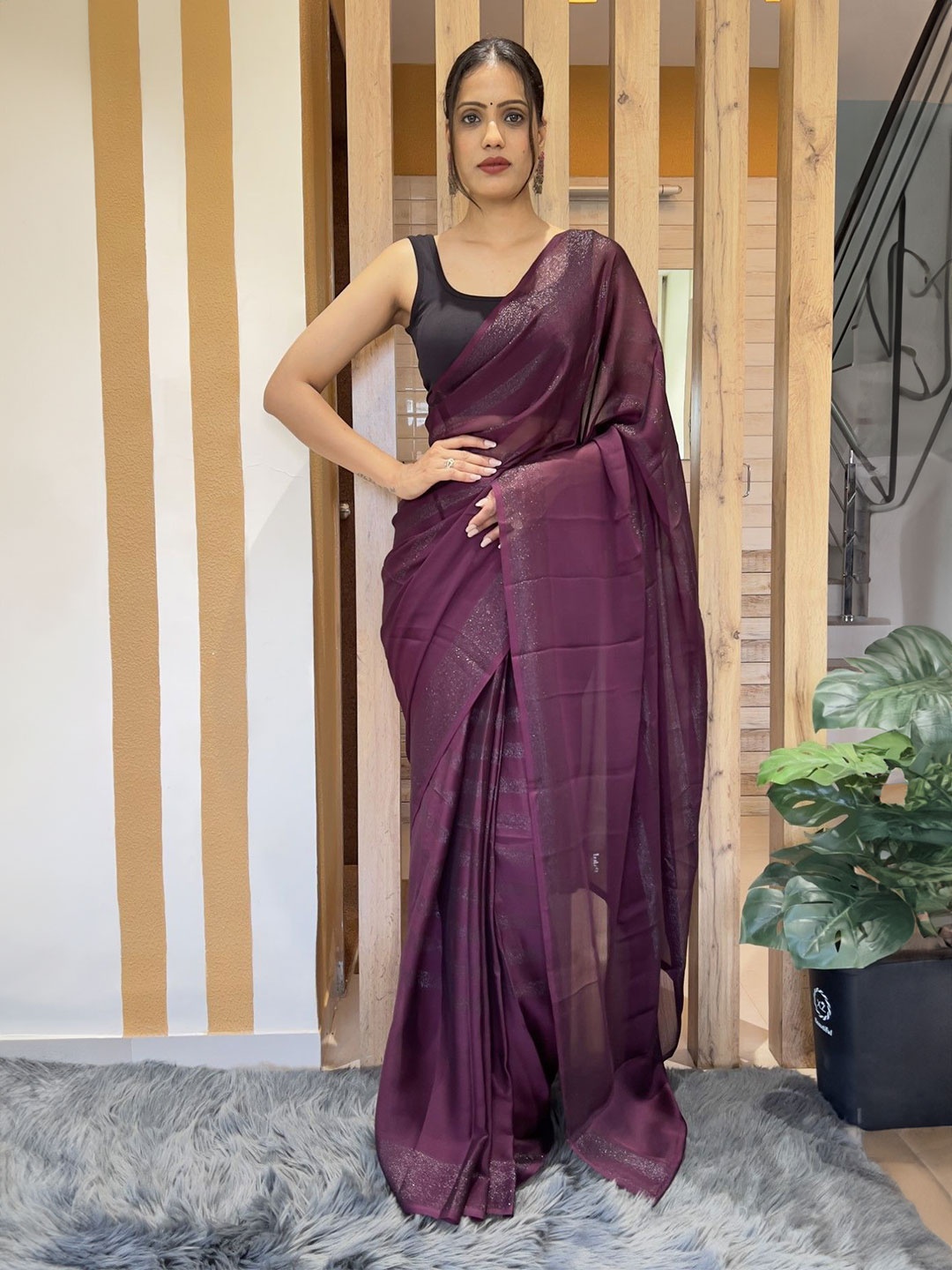

Rangtulika Ethnics Striped Poly Georgette Ready to Wear Saree, Purple