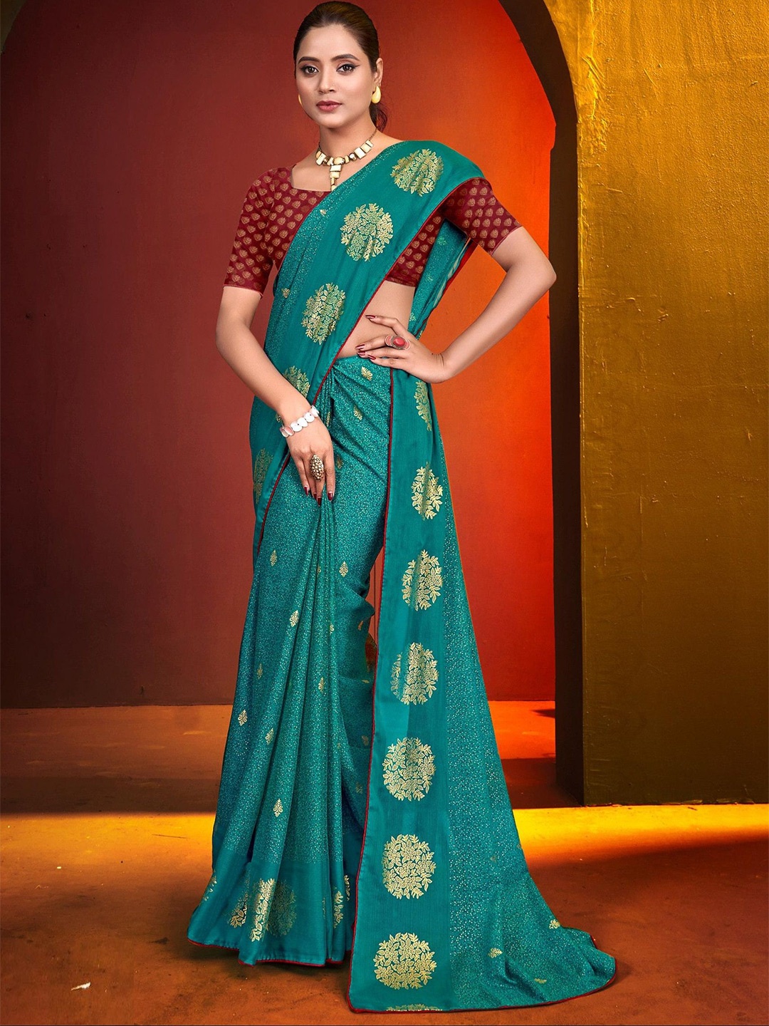 

Reboot Fashions Floral Sequinned Pure Georgette Maheshwari Saree, Teal