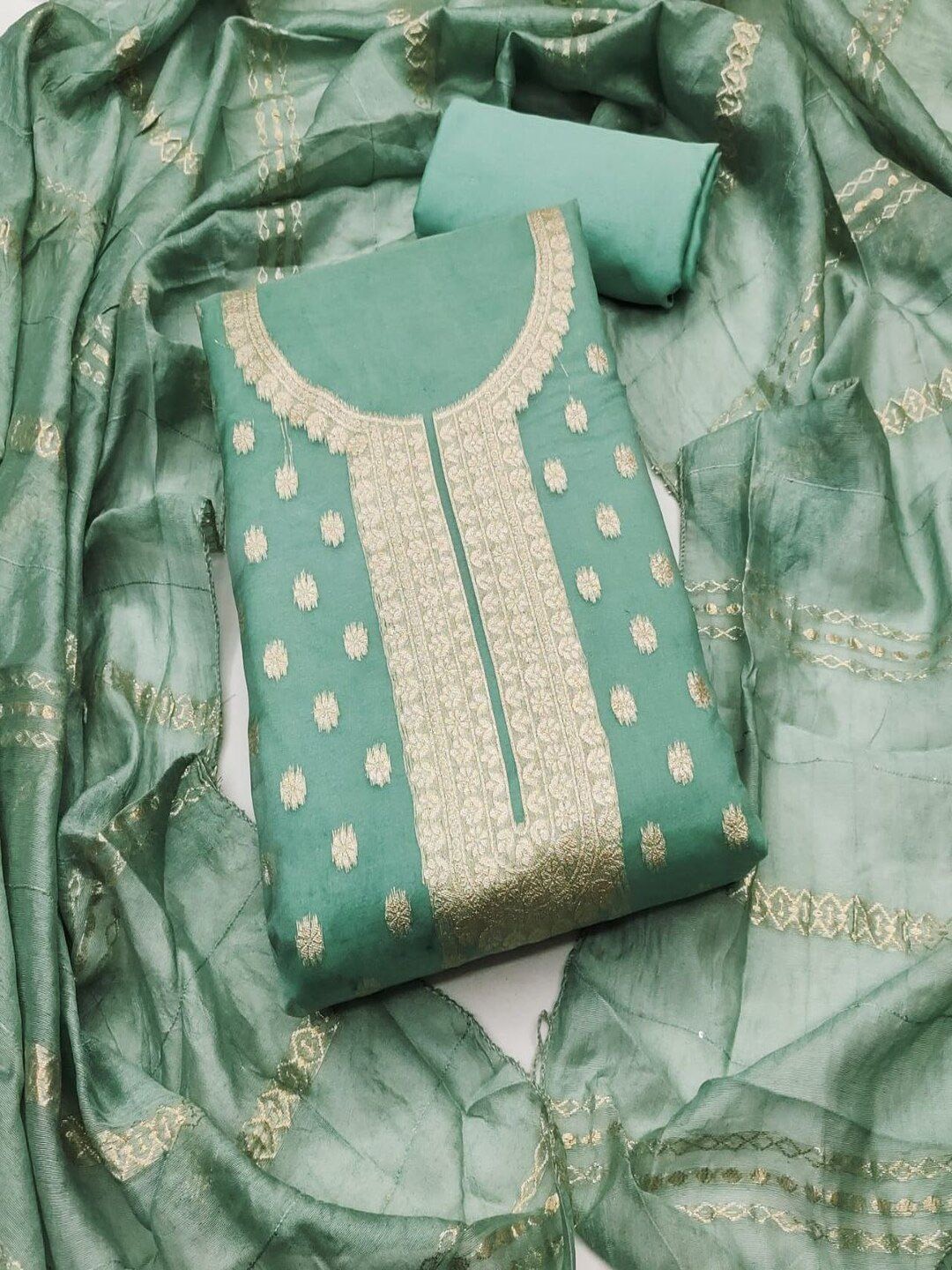 

SHIJILA Floral Woven Design Unstitched Dress Material, Green