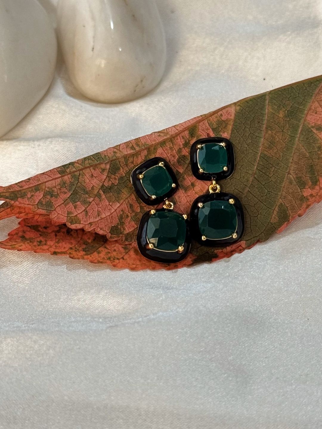 

The Jewellery Tale Gold-Plated Emerald Studded Square Shaped Drop Earrings, Black