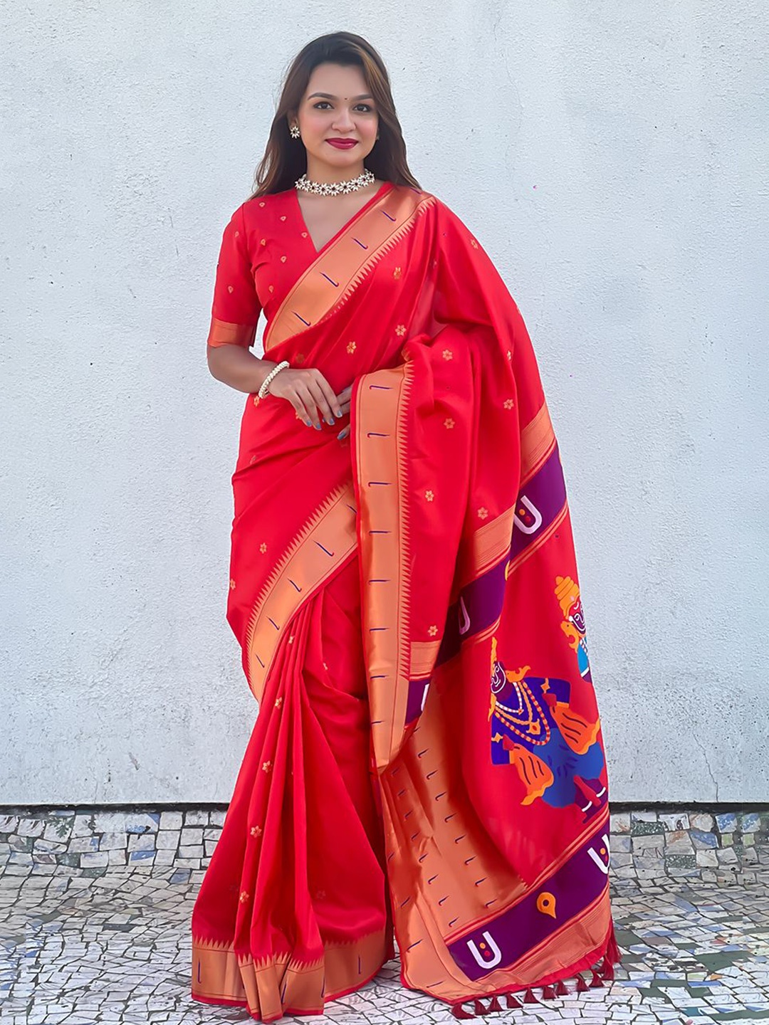 

all about you Woven Design Zari Silk Blend Paithani Saree, Red