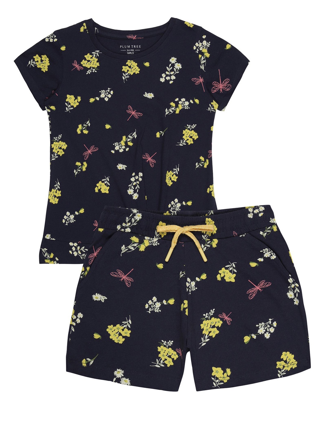 

PLUM TREE Girls Printed Round Neck Pure Cotton T-shirt With Shorts, Navy blue