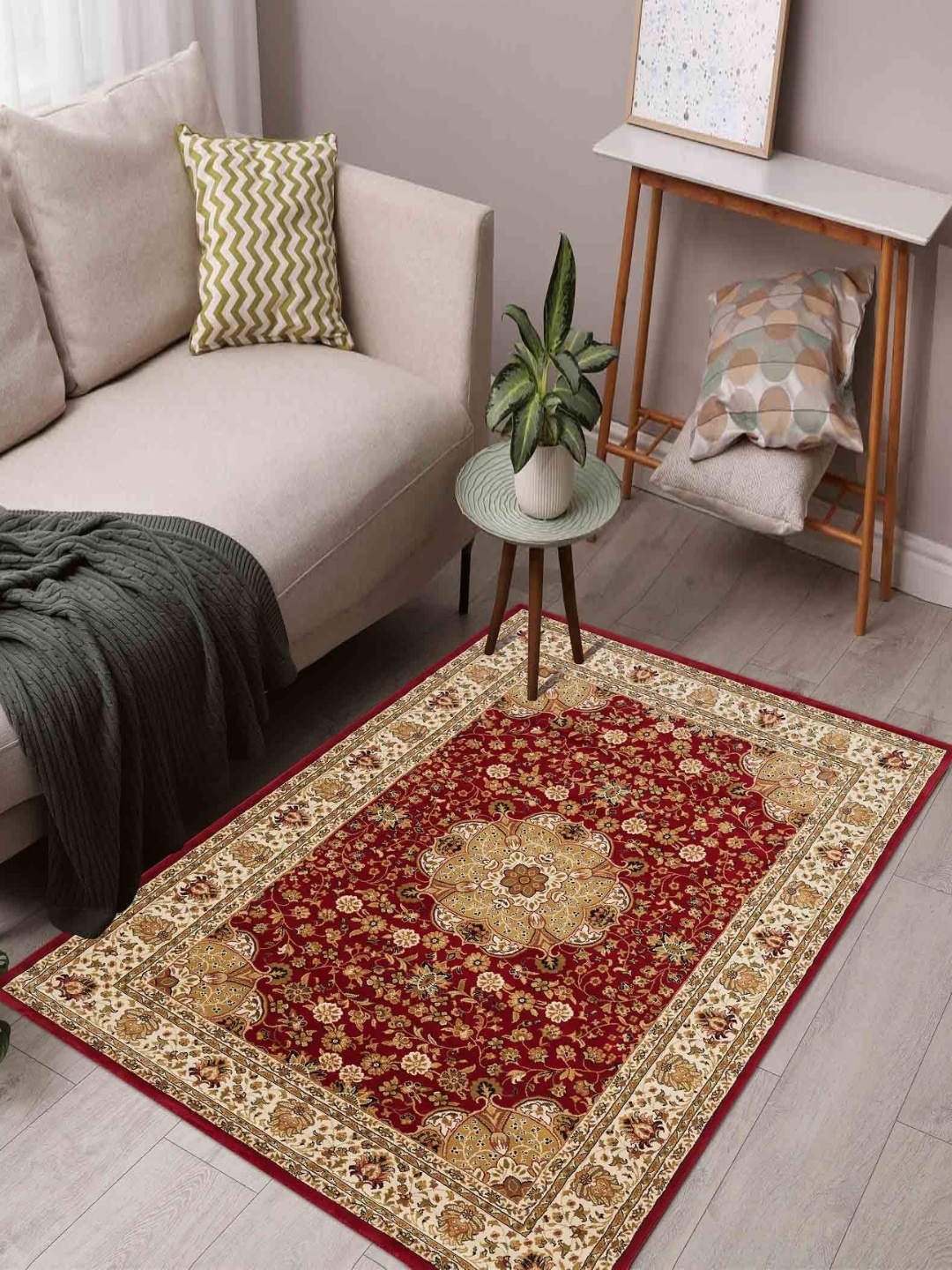 

OBSESSIONS Maroon Ethnic Motifs Anti-Skid Polypropylene Carpet