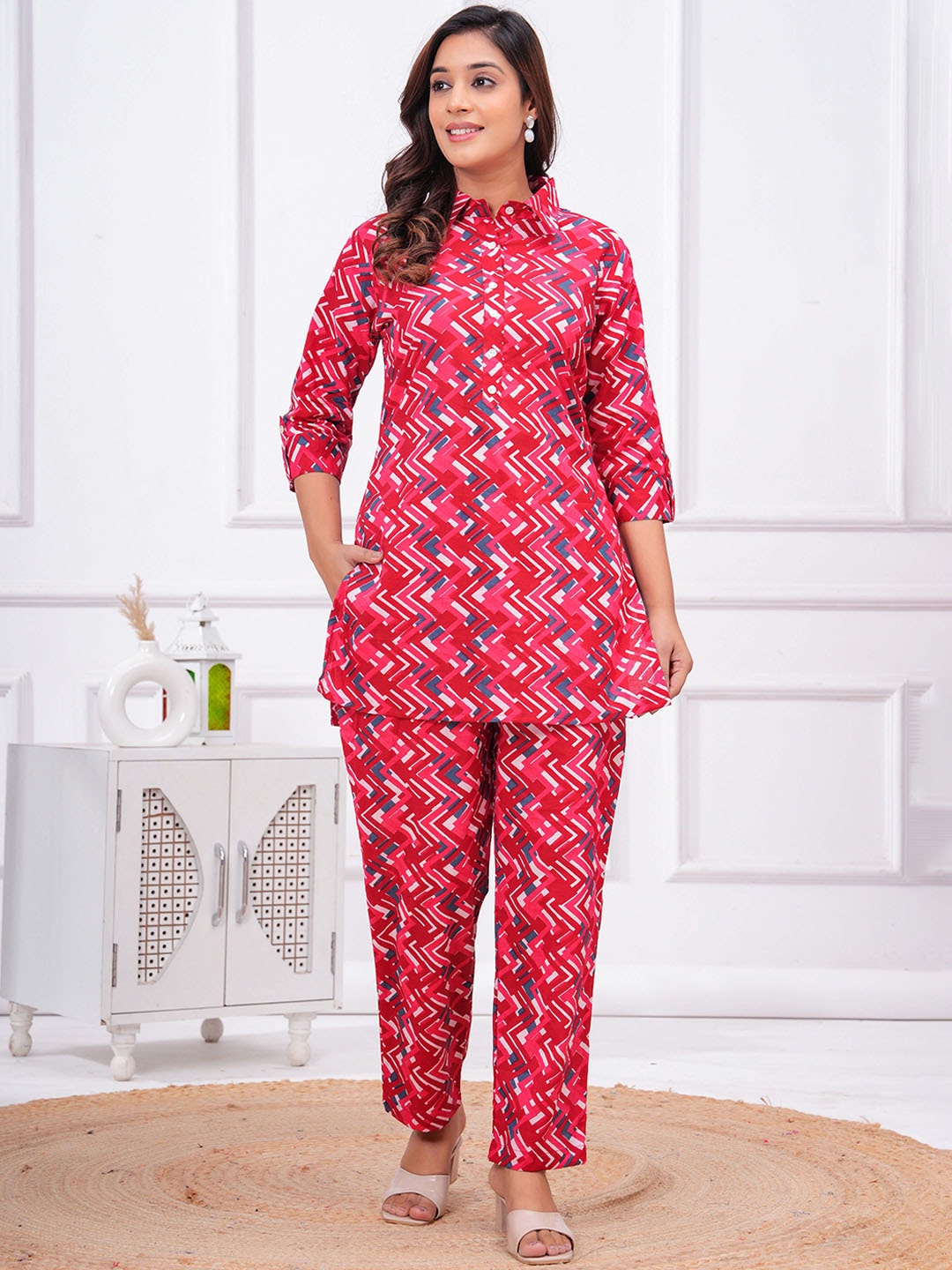 

FEMARY Printed Shirt Collar Pure Cotton Tunic & Trousers, Red