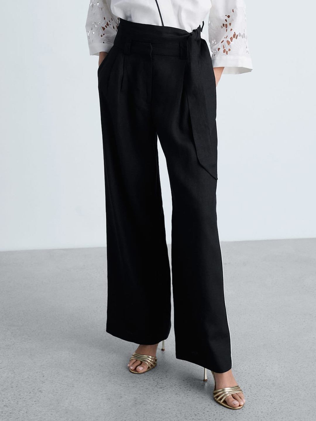 

MANGO Women High-Rise Linen Pleated Trousers, Black