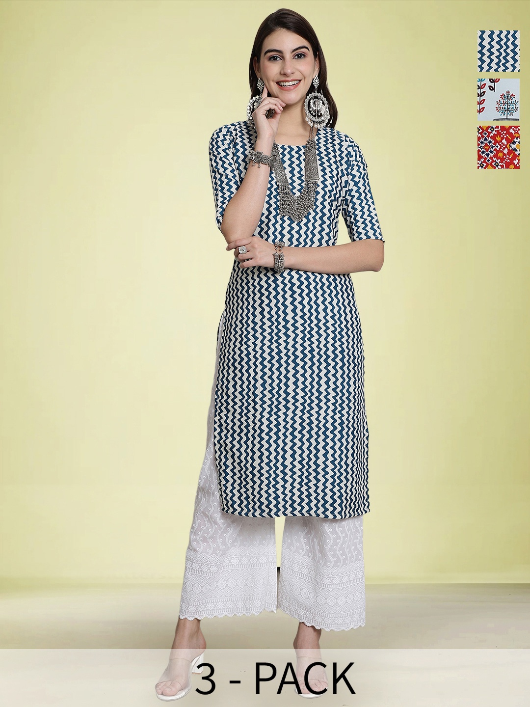 

Moda Rapido Selection Of 3 Chevron Printed Round Neck Straight Kurtas, Blue