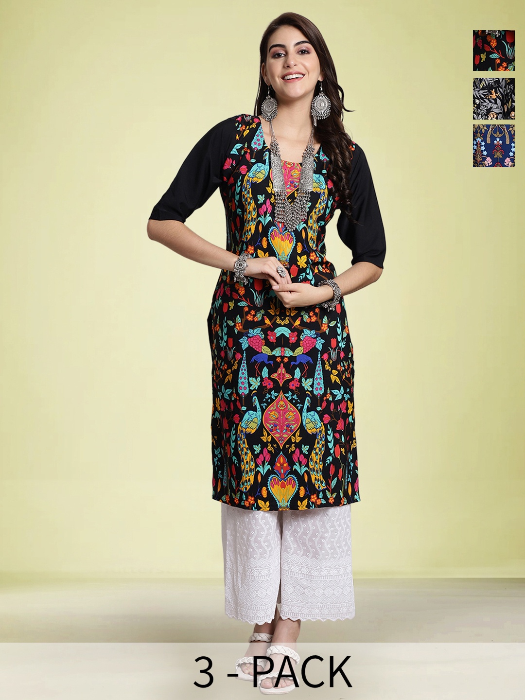 

Moda Rapido Selection Of 3 Ethnic Motifs Printed Round Neck Straight Kurtas, Navy blue