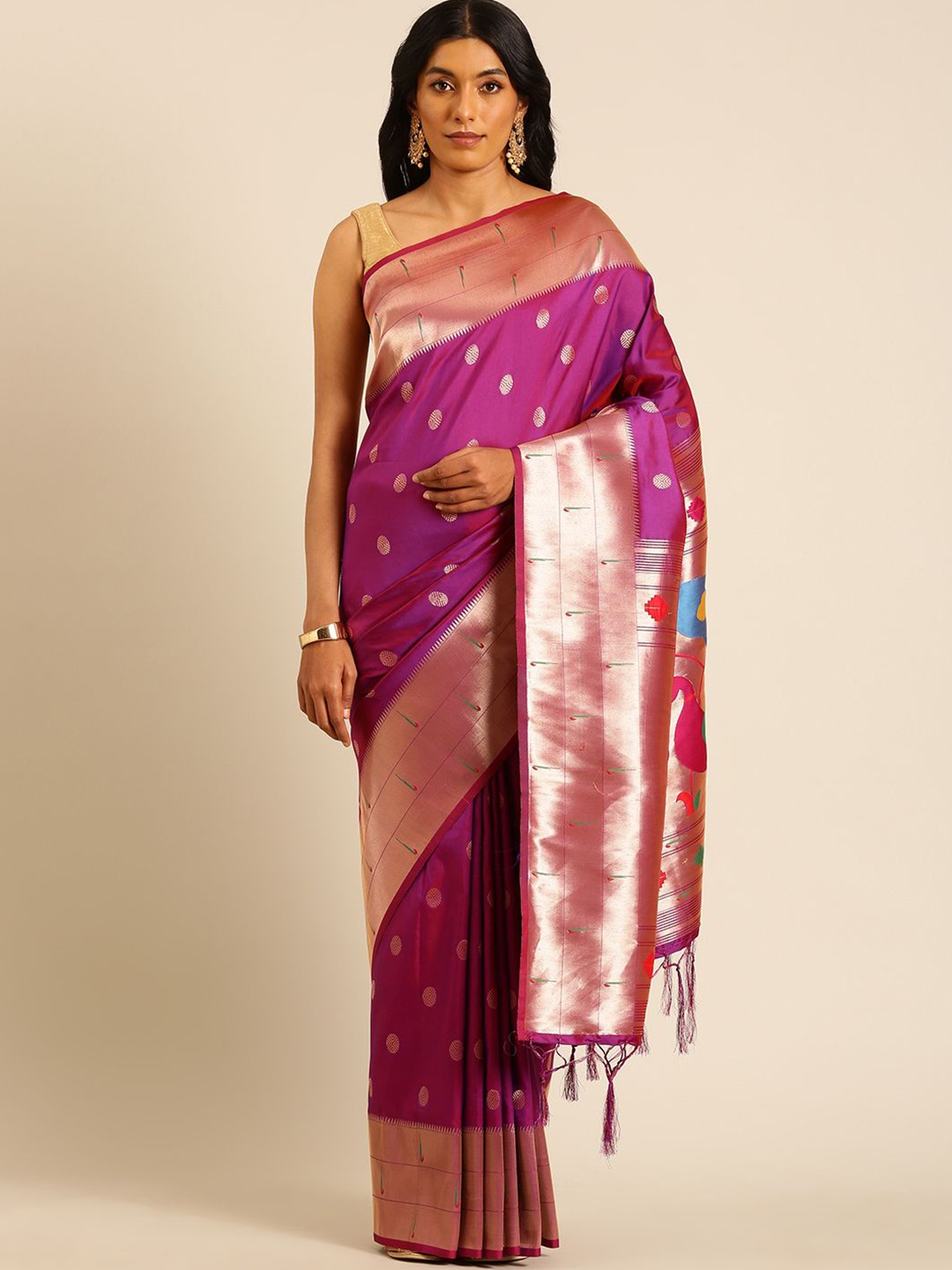 

Panzora Woven Design Zari Silk Blend Paithani Saree, Purple