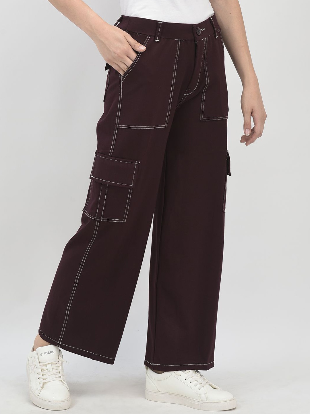 

Chemistry Women Relaxed Straight Leg Flared High-Rise Cargos Trousers, Burgundy