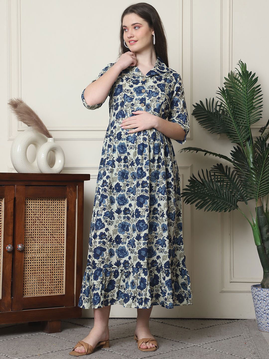 

Frempy Floral Print Organic Cotton Maternity A-Line Maxi Dress, Off white