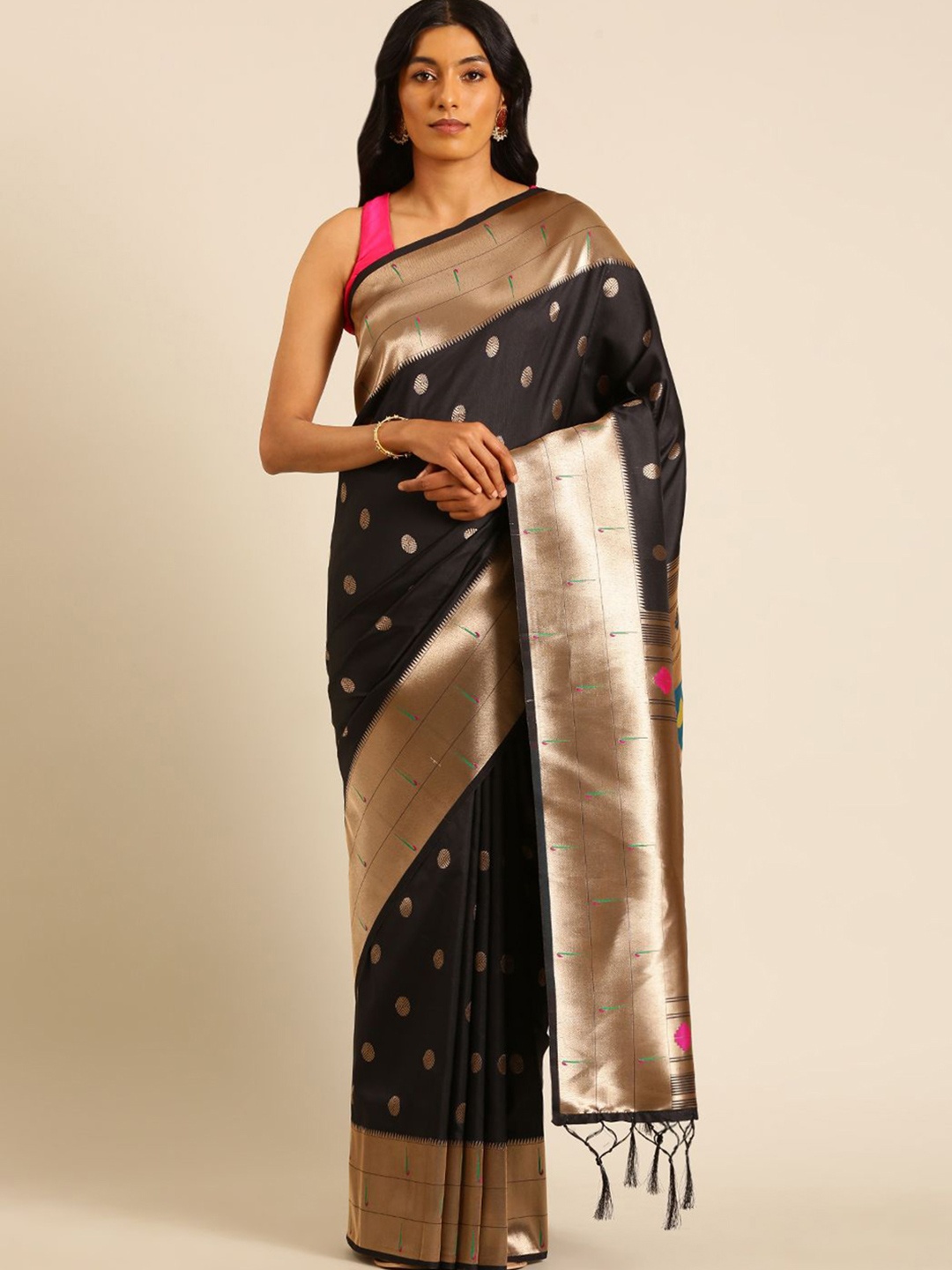 

Panzora Woven Design Zari Silk Blend Paithani Saree, Black