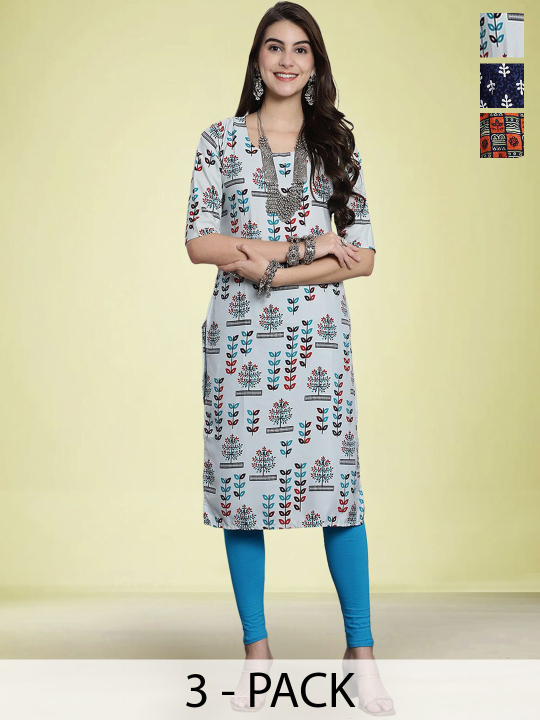 

Moda Rapido Selection Of 3 Geometric Printed Round Neck Straight Kurtas, Blue