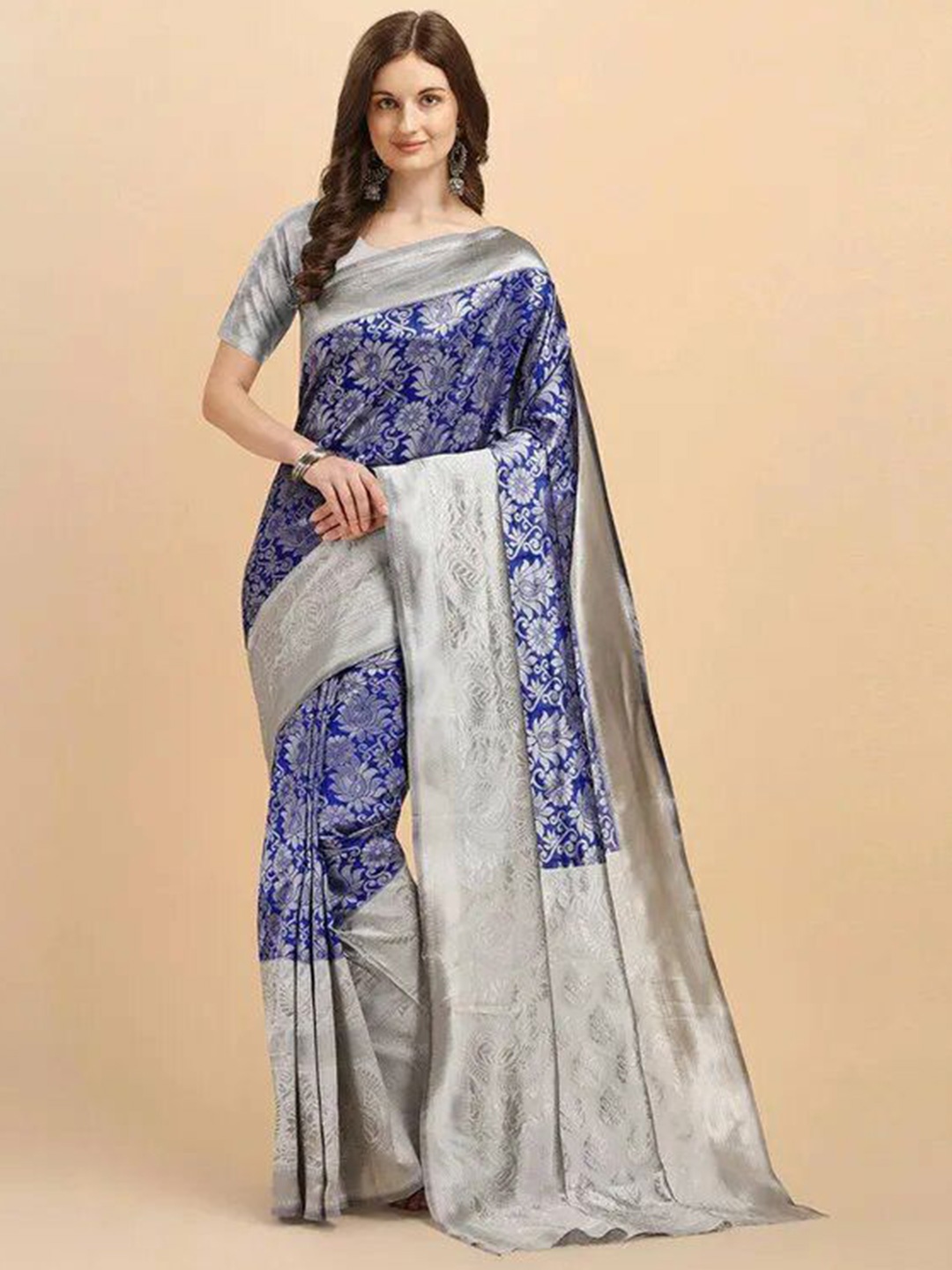 

VILLE FASHION Woven Design Zari Art Silk Kanjeevaram Saree, Blue