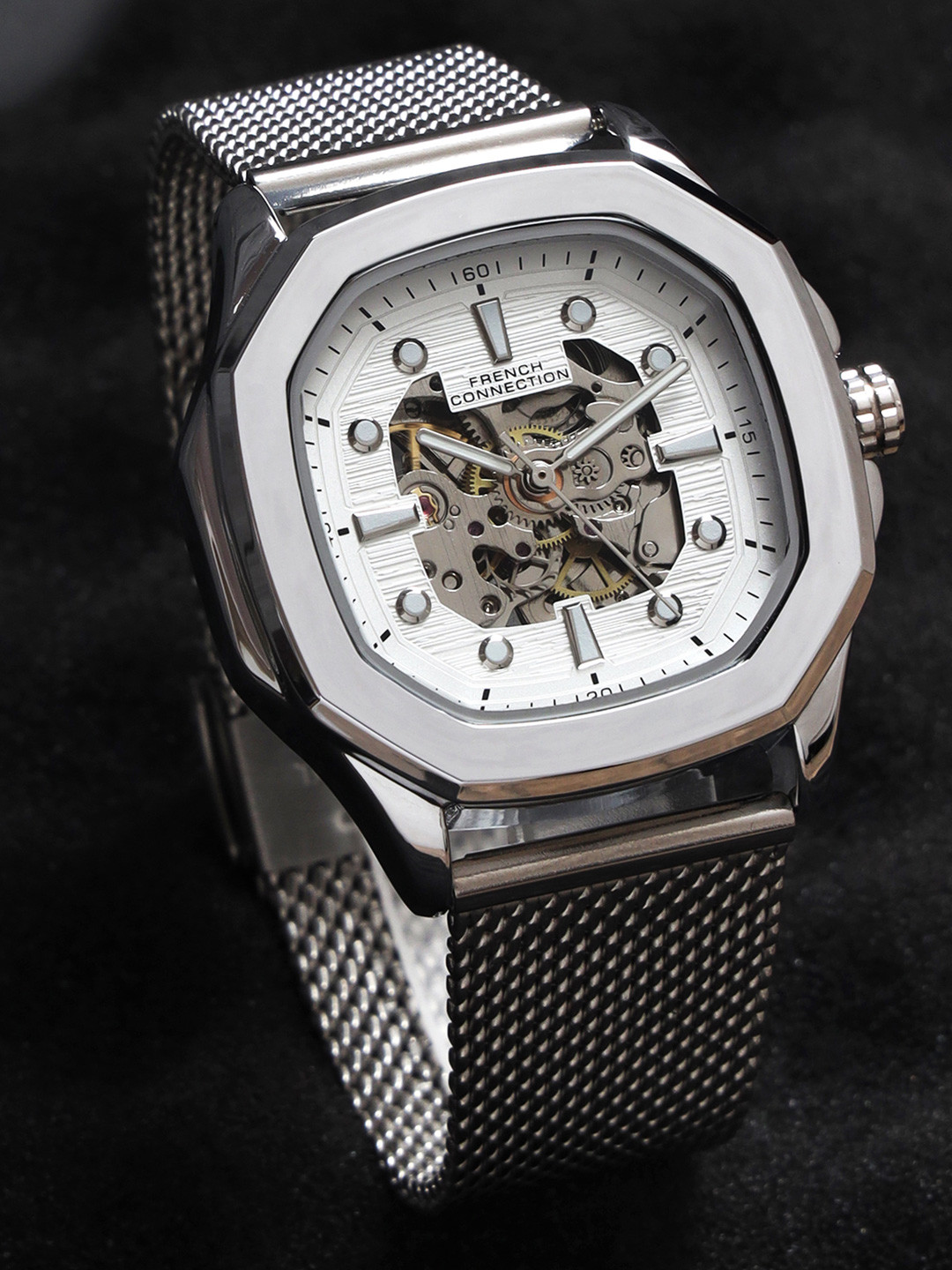 

French Connection Men Skeleton Dial & Stainless Steel Bracelet Style Straps Analogue Automatic Watch, Silver
