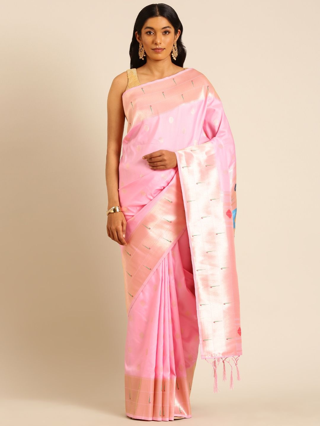 

DIVASTRI Ethnic Motifs Zari Silk Blend Paithani Saree, Pink