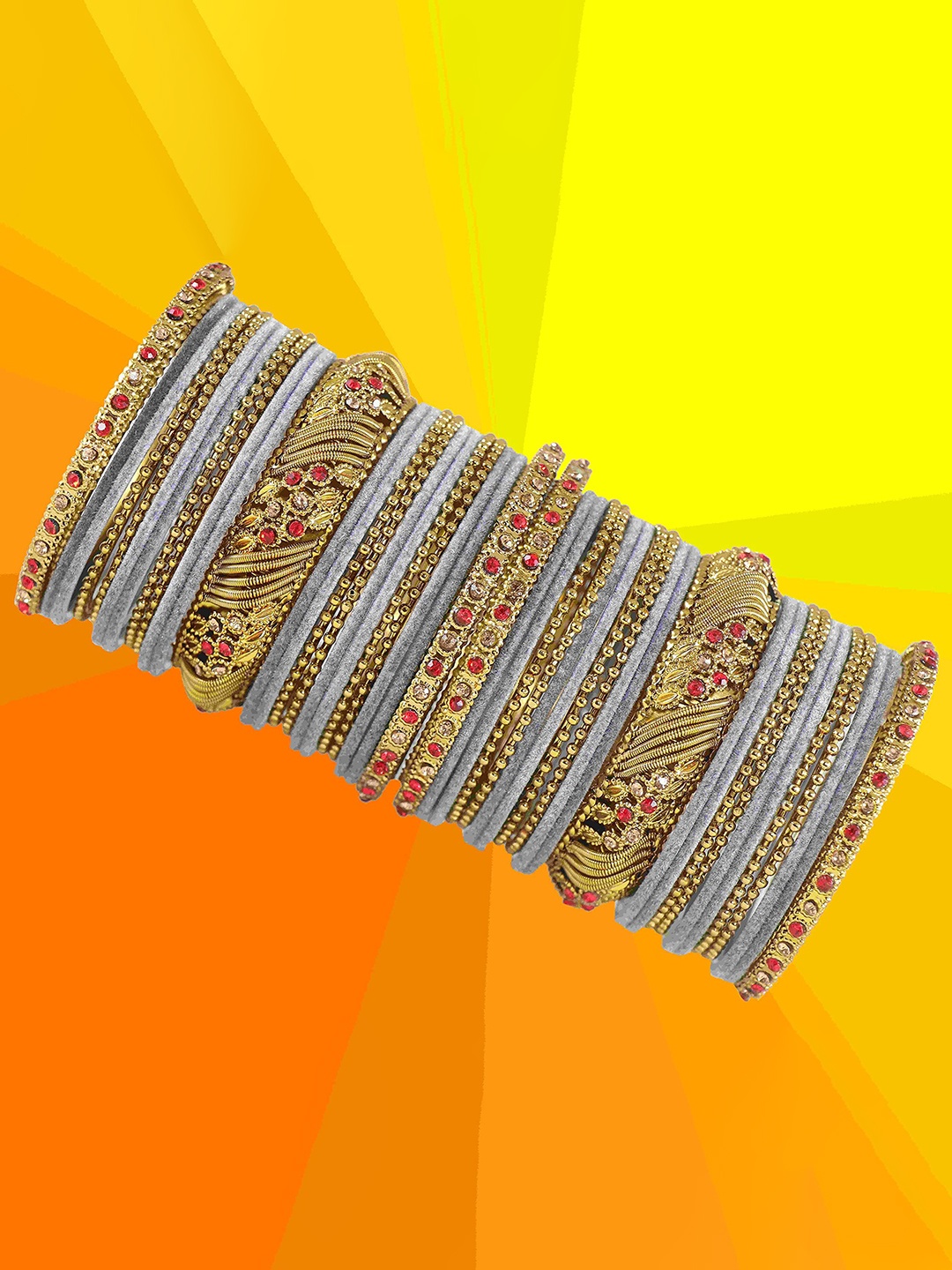 

ZULKA Set Of 46 Metal With Cubic Zircon Gemstone Studded Bangles, Gold