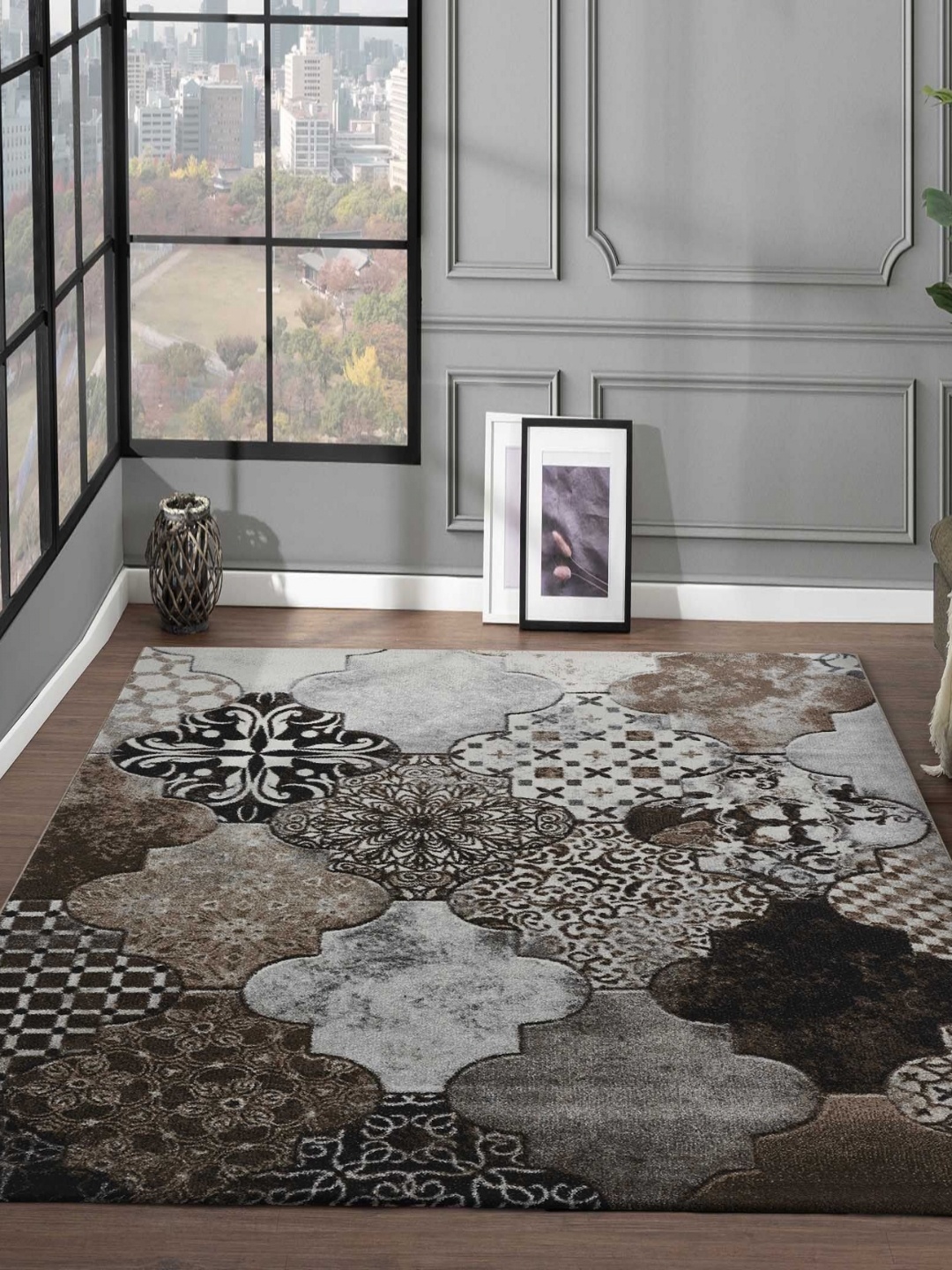 

OBSESSIONS Brown Ethnic Motifs Anti-Skid Polypropylene Carpet