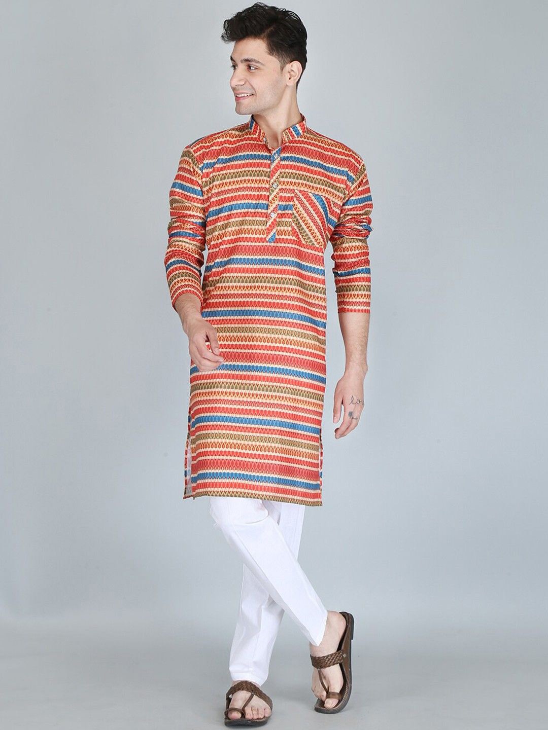 

PulseIQ Men Printed Regular Pure Cotton Kurta with Pyjamas, Orange